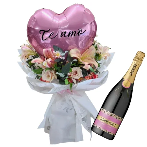 ramo de flores de estacion con globo con jasmine pink rose